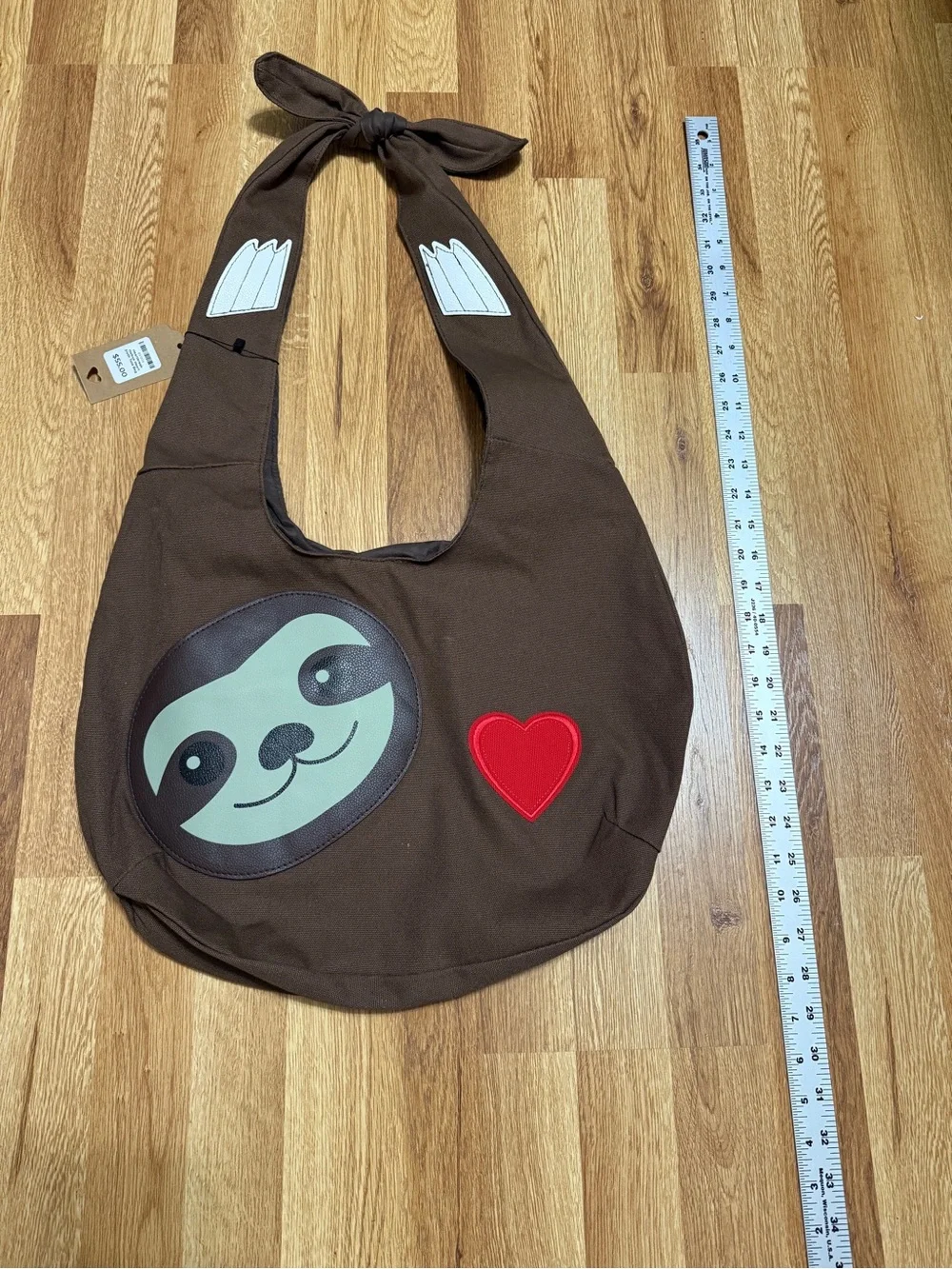 New NWT Brown Sloth Tote Bag with Red Heart
